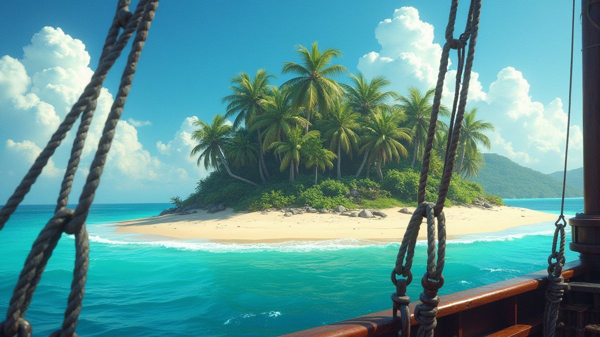 Une vue depuis un bateau pirate vers une île tropicale avec des palmiers.