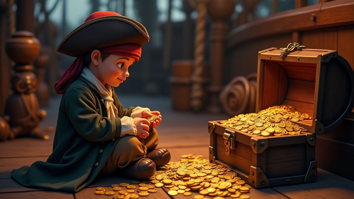 Un pirate comptant des pièces d'or à côté d'un coffre au trésor sur un bateau.