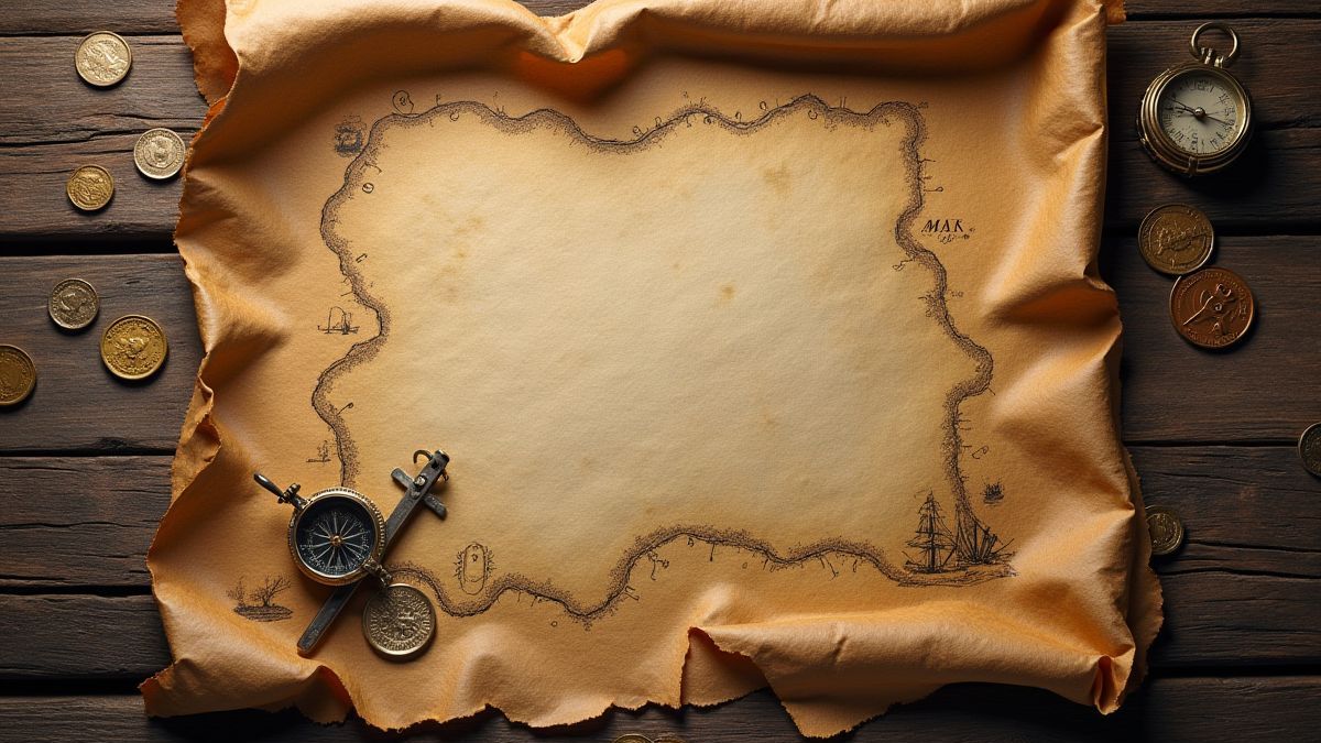 Un carte pirate avec des pièces et une boussole sur une table en bois.
