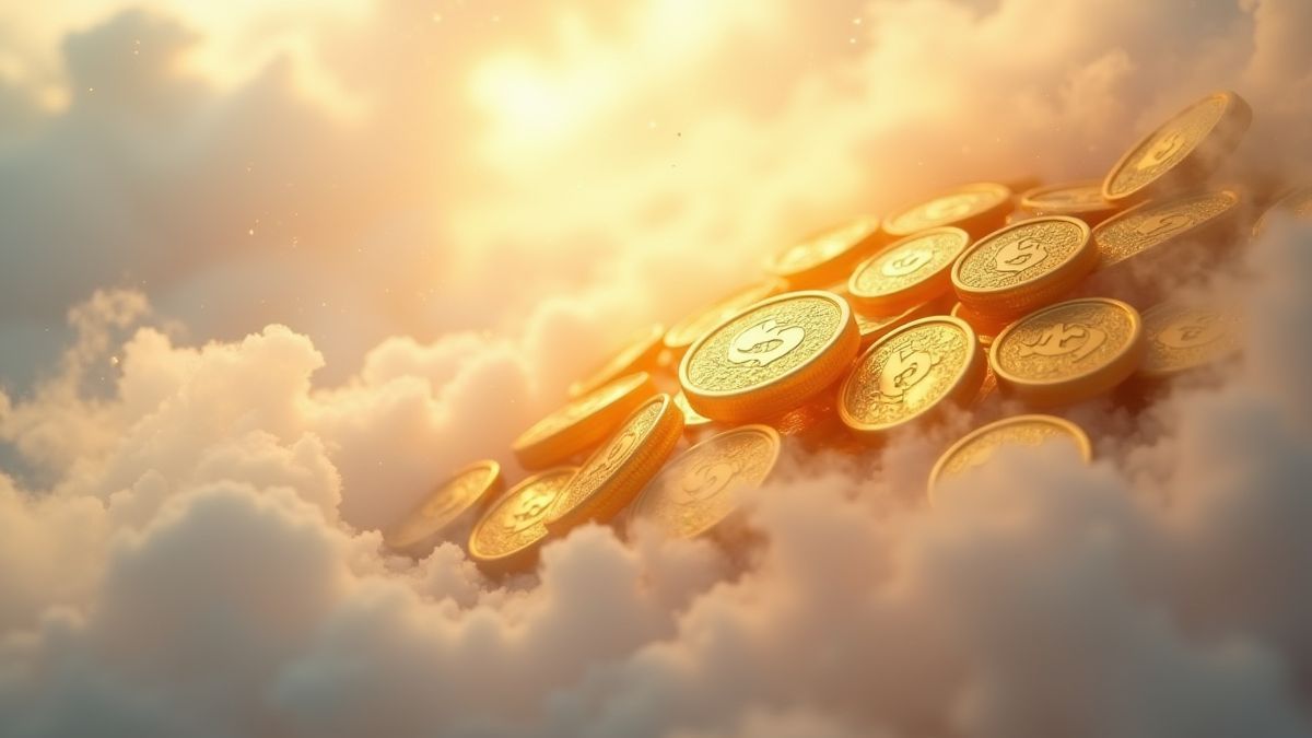 Monnaies dorées éparpillées sur un nuage de rêve avec une aura brillante.