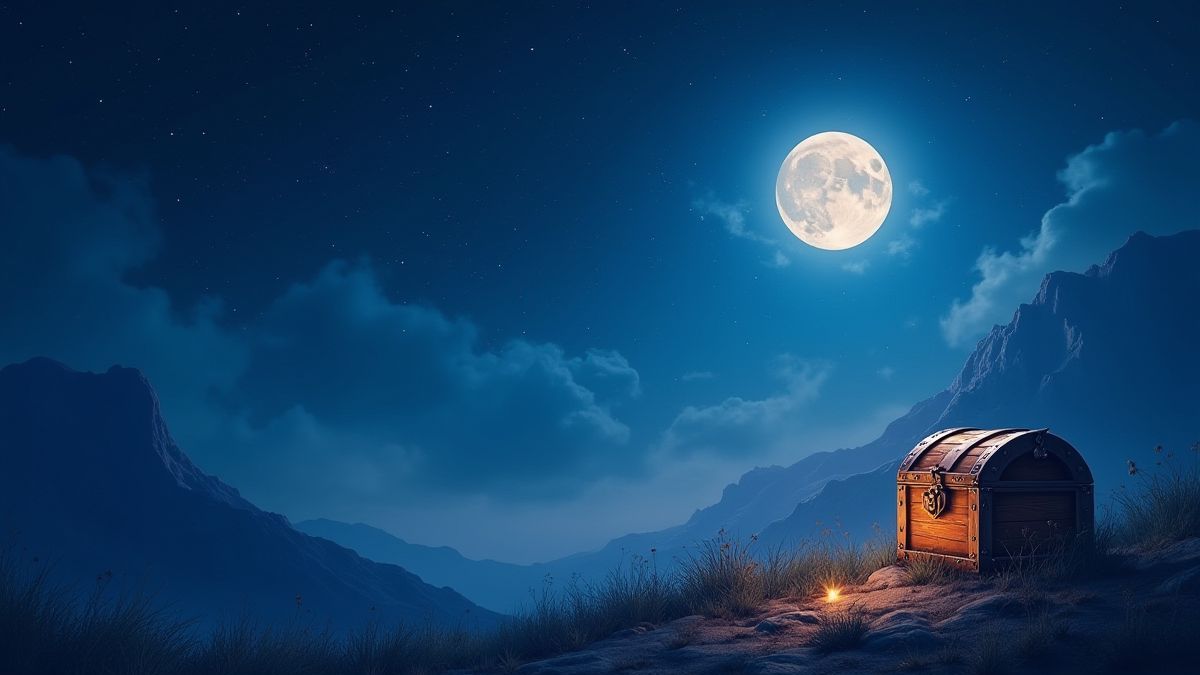 Un ciel nocturne enchanteur avec des étoiles brillantes et un coffre au trésor sous la lumière magique de la lune.