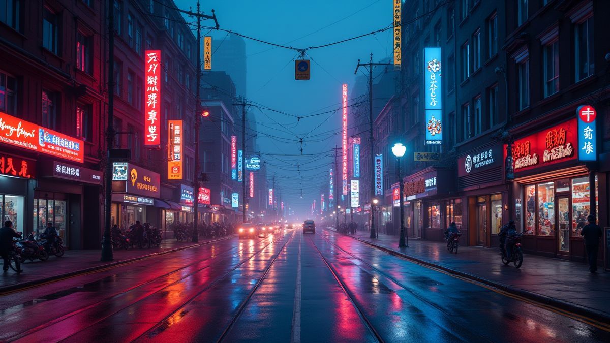 Uma cidade vibrante com luzes de néon refletidas em suas ruas ao anoitecer.