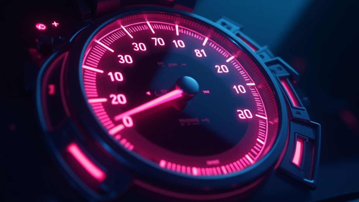 Um velocímetro futurista iluminado com cores vibrantes.