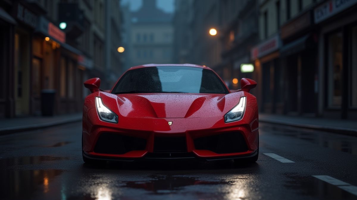 Um carro esportivo vermelho com faróis brilhantes em uma rua escura.