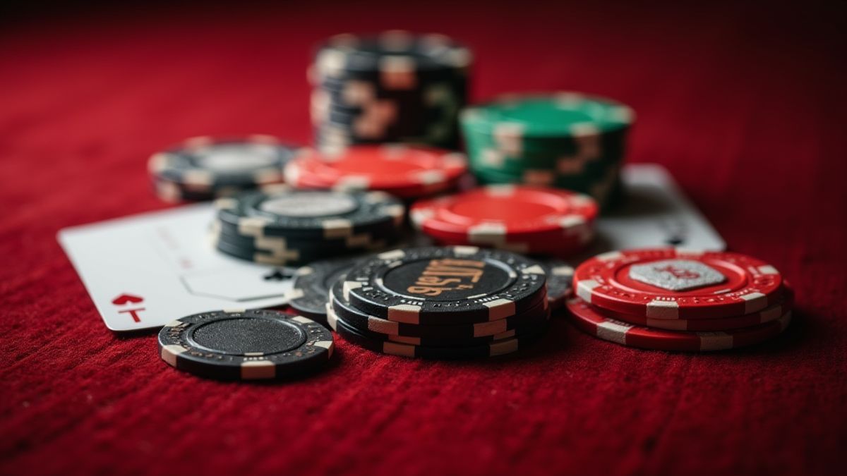 Vista cercana de fichas de casino elegantes y cartas sobre una mesa de terciopelo.
