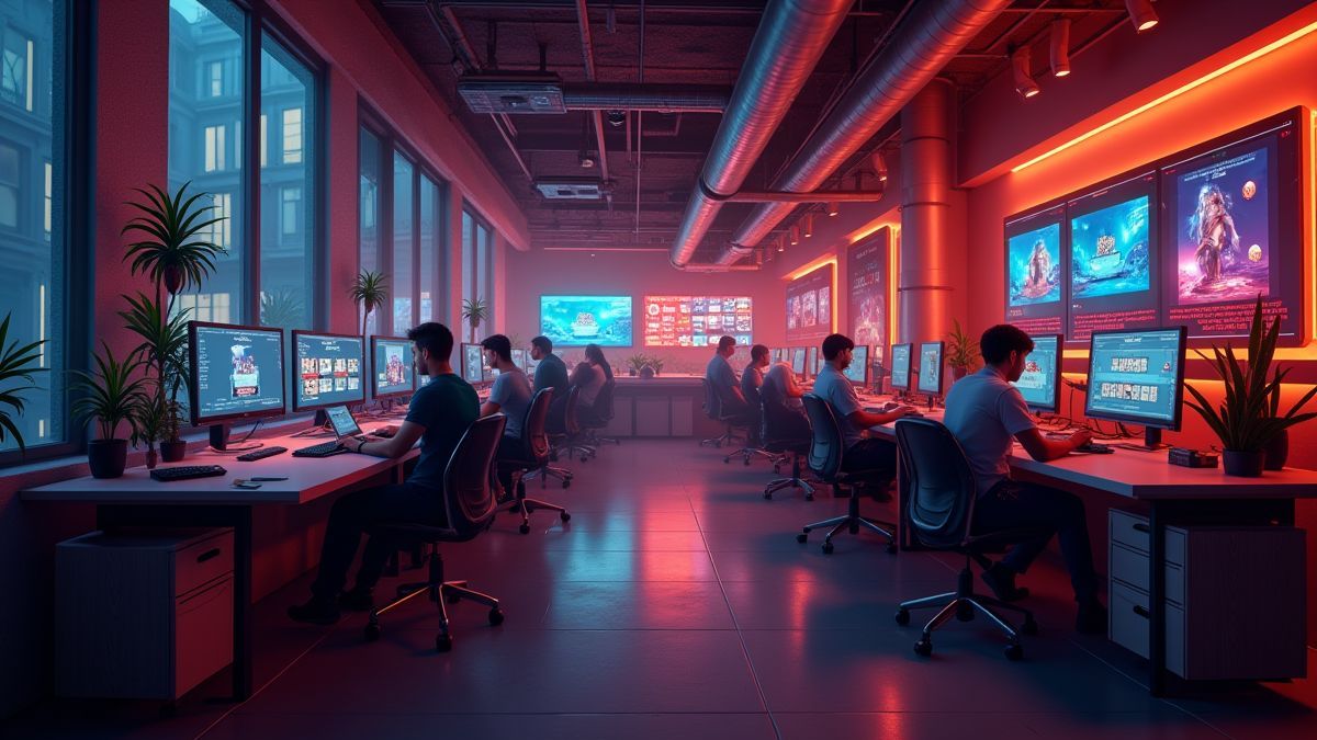 Representación artística de un estudio de desarrollo trabajando en juegos de casino elegantes.