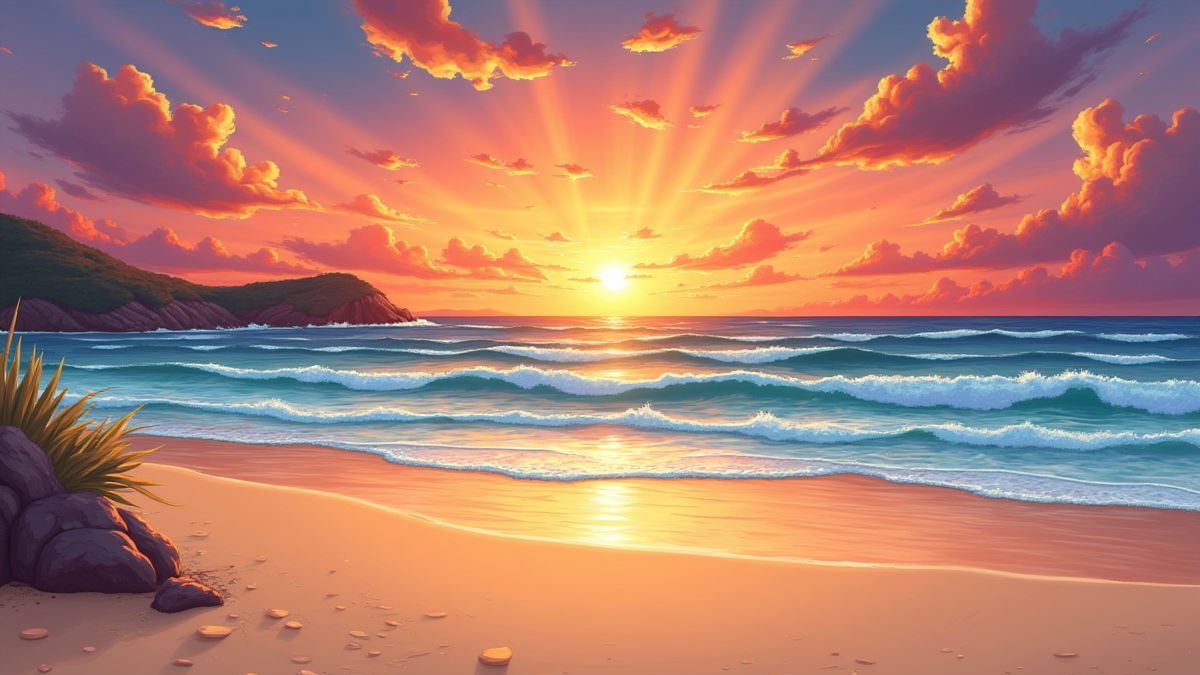 Sunset at an Australian beach with waves and golden sand.