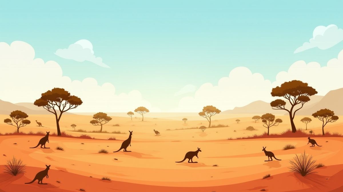 Australian desert landscape with scattered trees and kangaroos.