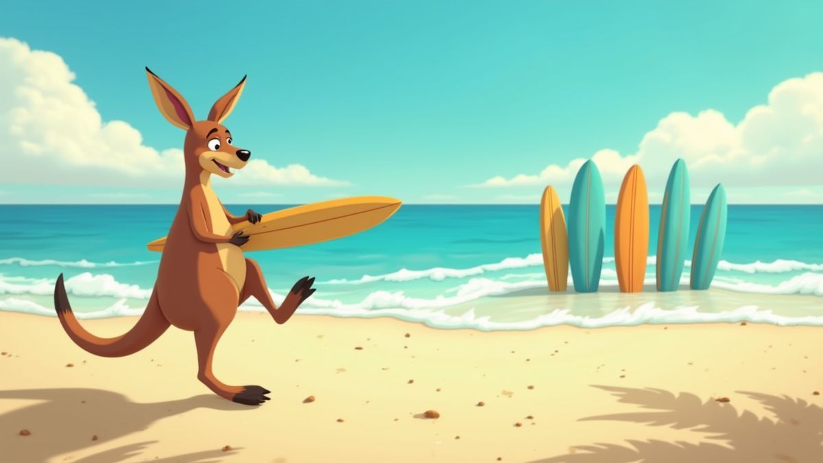 A kangaroo hopping near a beach with surfboards.