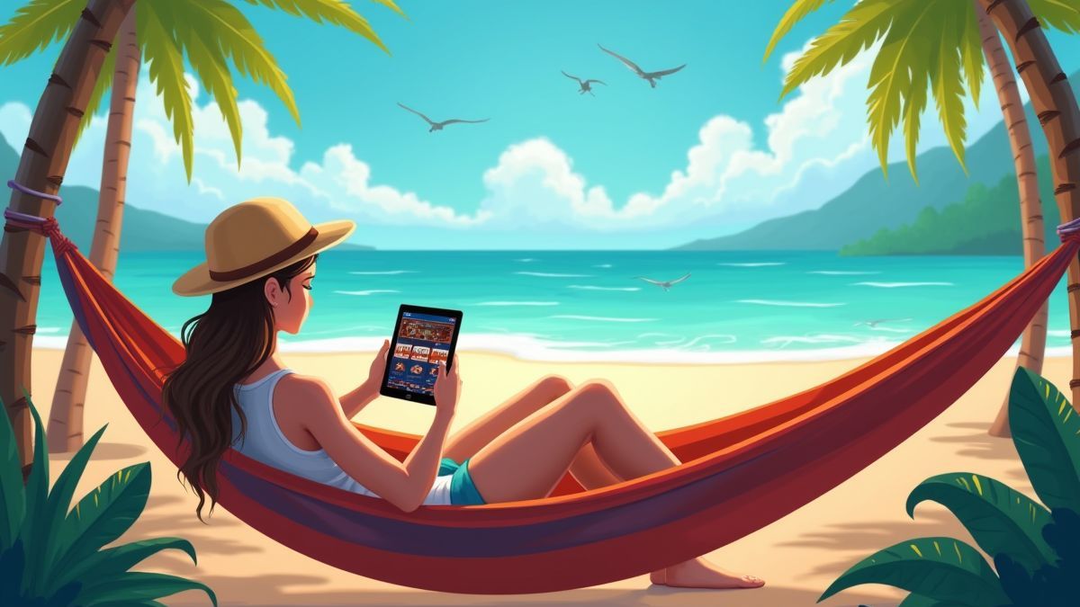 A player relaxing in a hammock near the beach while playing slots on a tablet.