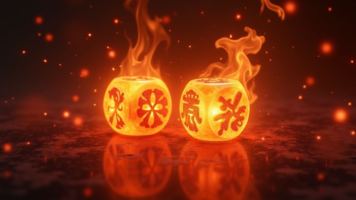 Dados brilhantes rodeados de fogo e padrões asiáticos.