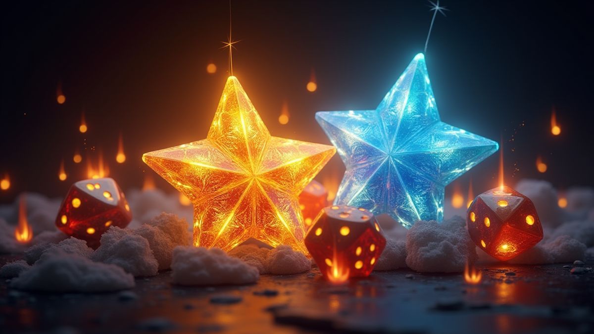 Estrela dourada e estrela azul rodeadas de dados e chamas.