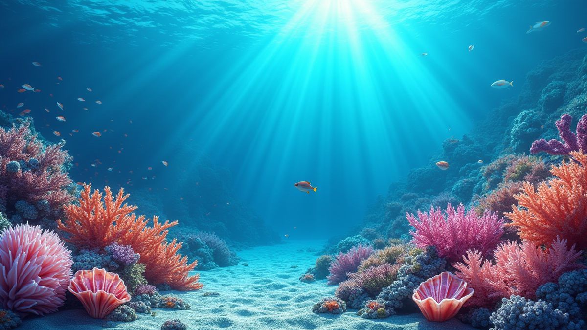 Arrecife submarino con corales coloridos y conchas brillantes.