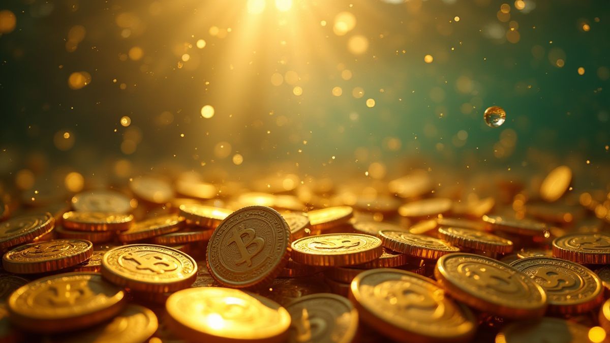Monedas de oro brillando bajo el agua.