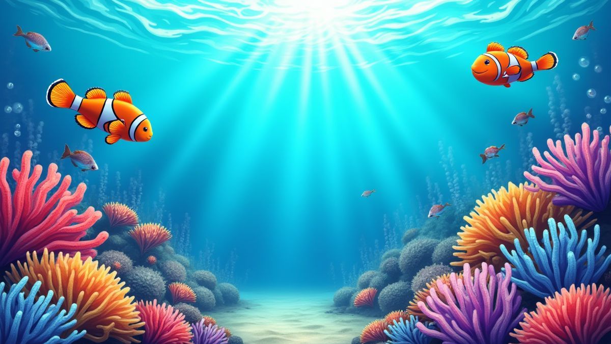 Escena submarina con corales vibrantes y criaturas marinas juguetonas.