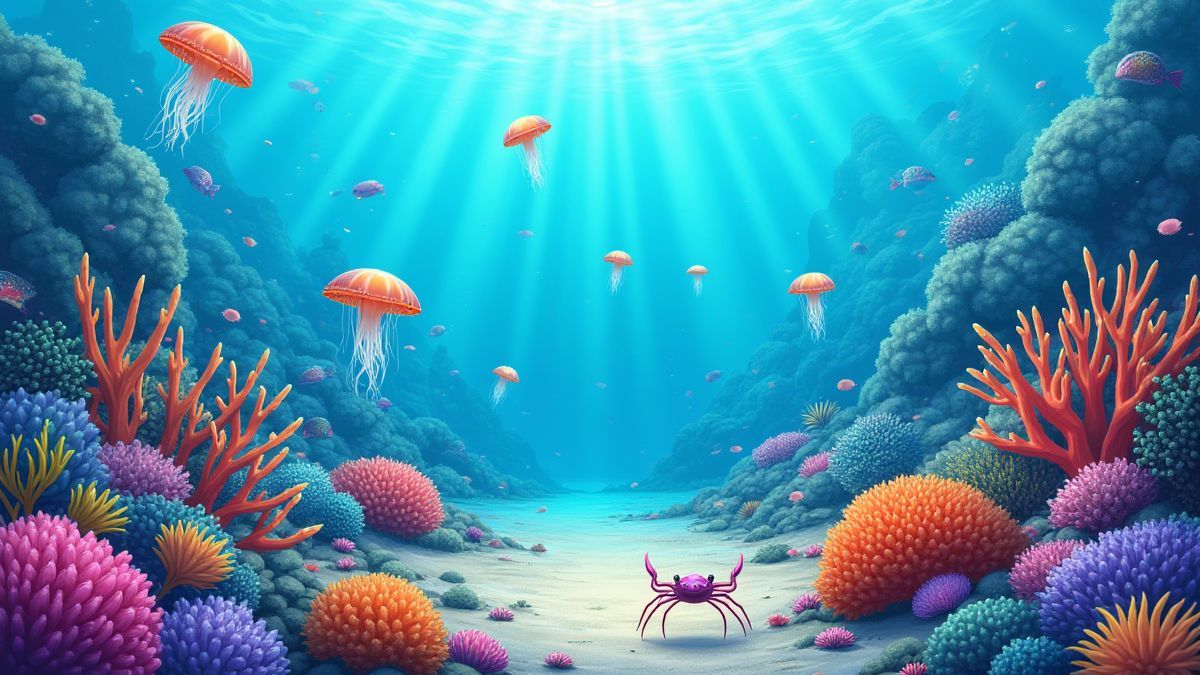 Een onderwaterstad met koralen en zeedieren.