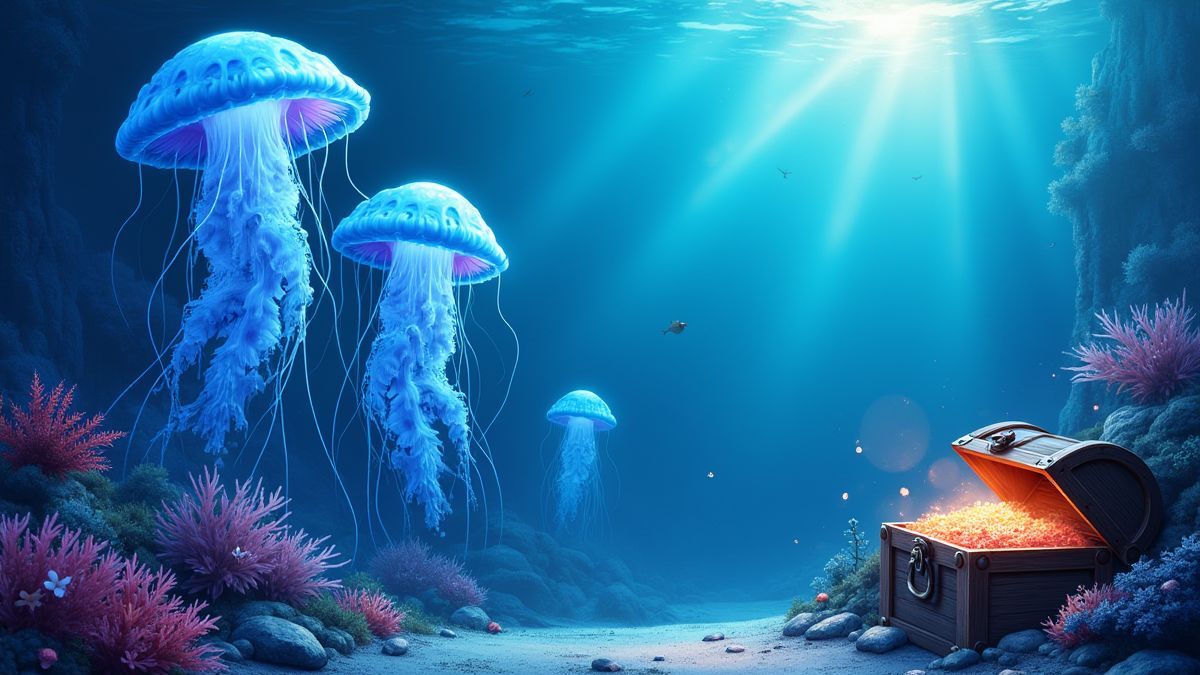 Een onderwater scène met gloeiende medusen en schatkisten.