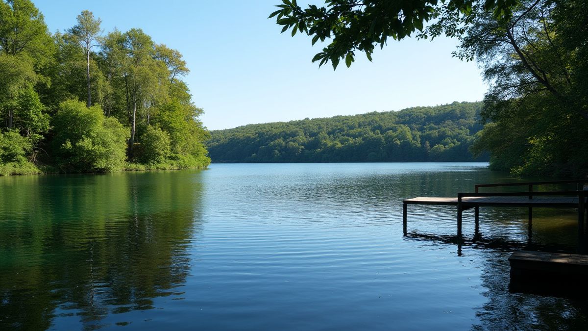 Ein ruhiger See umgeben von Bäumen und einem kleinen Holzsteg.