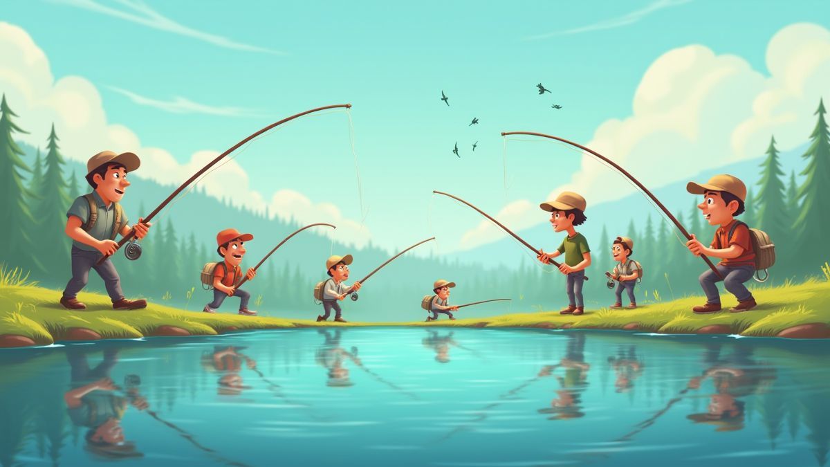 Gruppe von animierten Fischern, die nahe einem See konkurrieren.