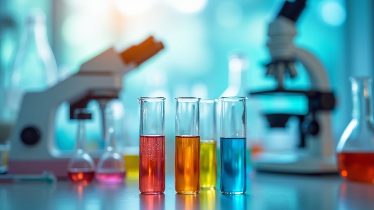 Laboratoriumuitrusting zoals reageerbuisjes en microscopen in levendige kleuren.