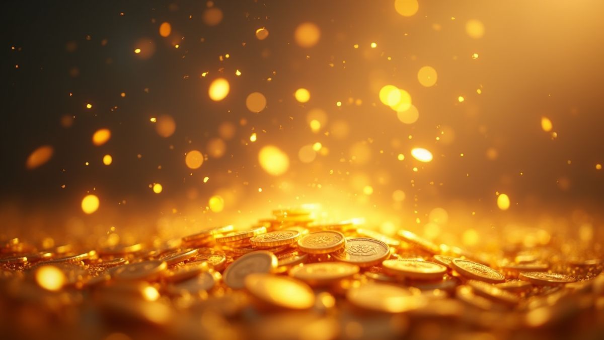 Gouden munten en glinsterende symbolen die uit de lucht vallen.
