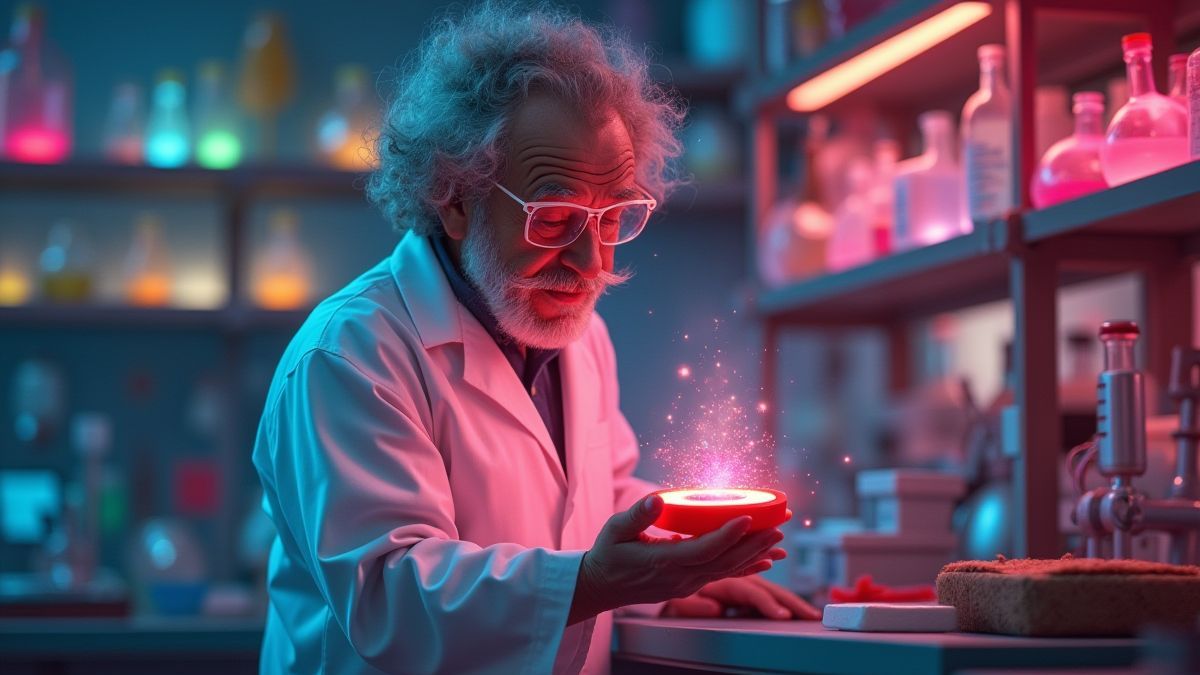 Excentrieke wetenschapper die een gloeiende magneet vasthoudt in zijn laboratorium.