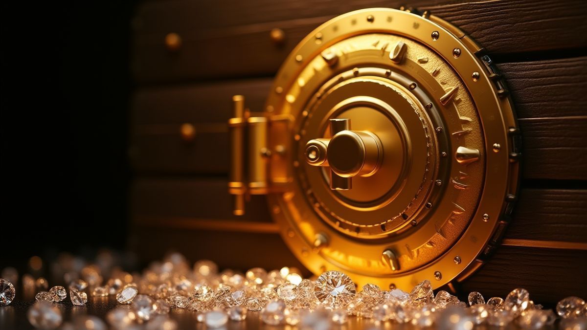 Una puerta de bóveda dorada adornada con diamantes.