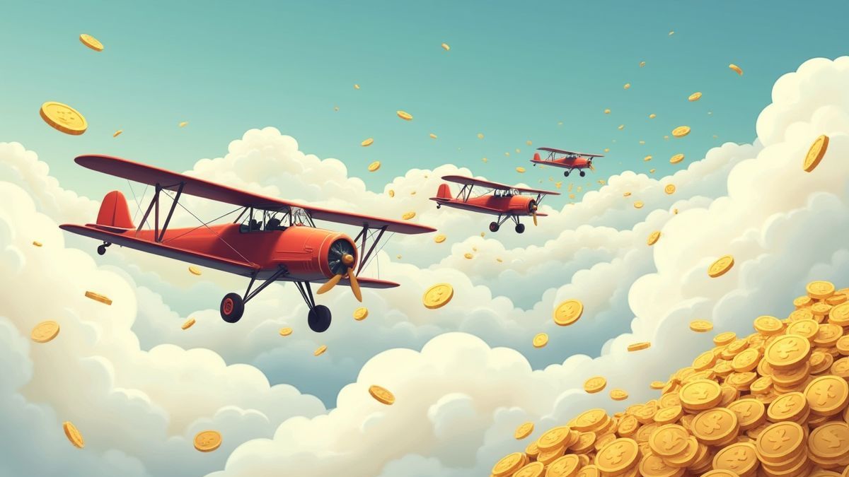 Vintage airplanes flying among clouds with gold coins around.
