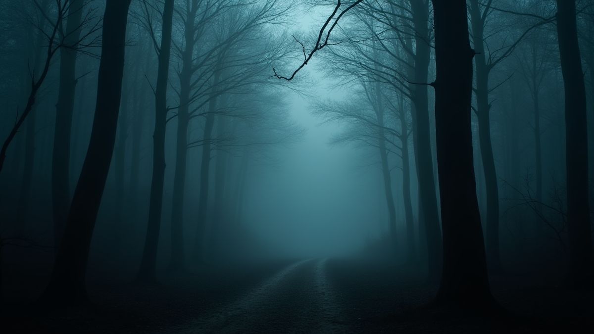 Une forêt lugubre avec de la brume et un éclairage tamisé.