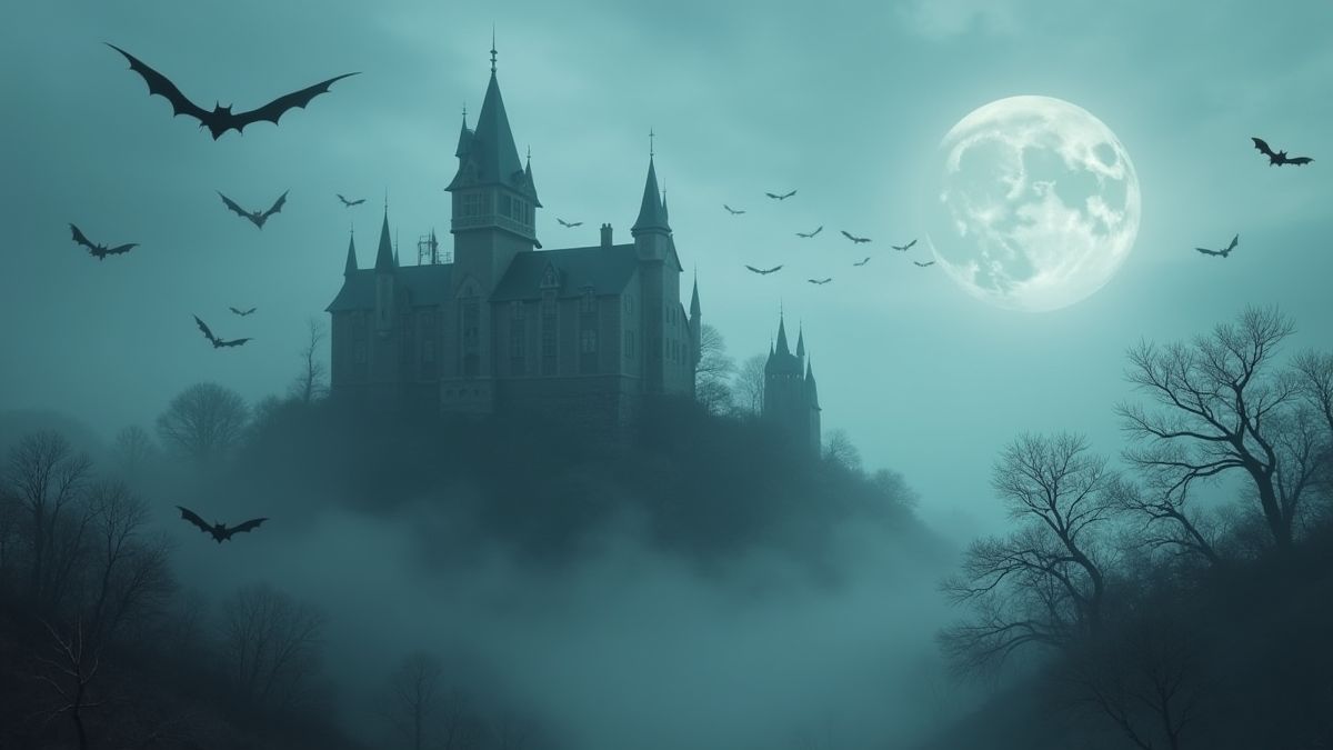Un château ancien entouré de brume et de chauves-souris.