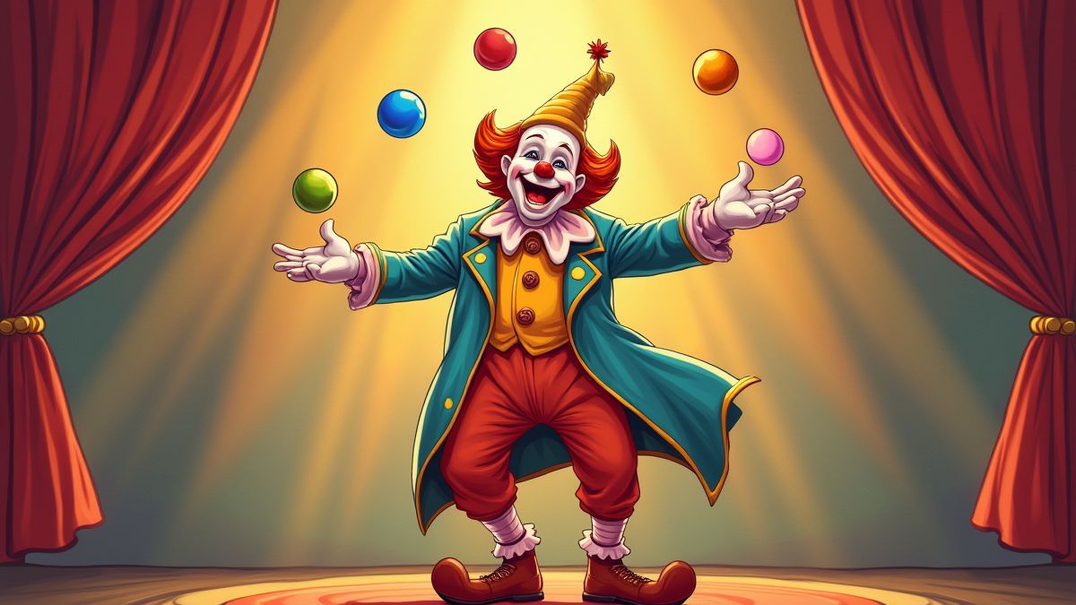 A clown juggling colorful balls in a circus tent.