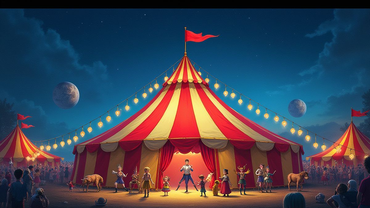A colorful circus tent surrounded by performers and animals under a starry sky.