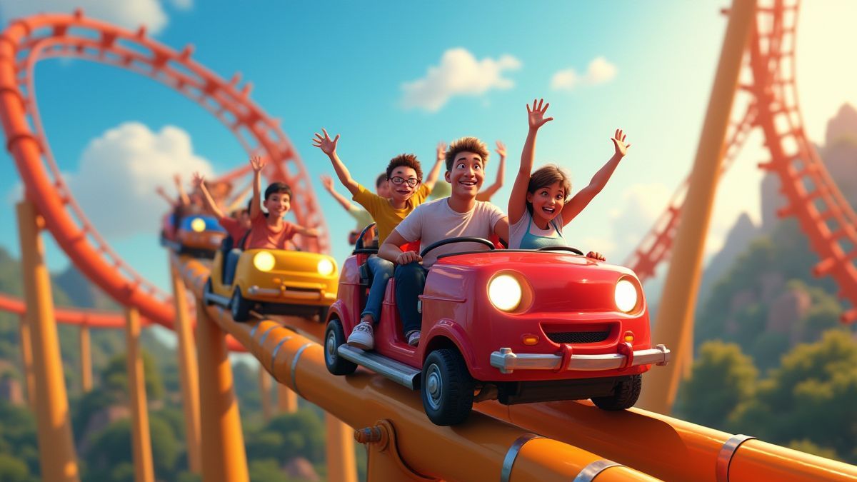 Montagne russe colorée avec passagers excités
