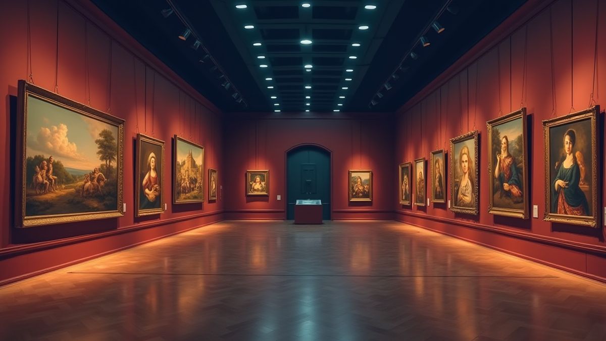 Galería de arte con pinturas famosas en un museo.