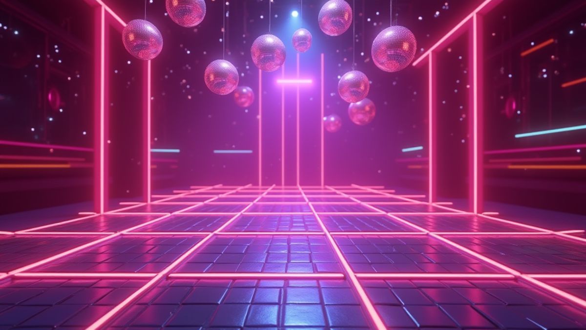Dance floor with neon tiles and disco balls in 80s style.
