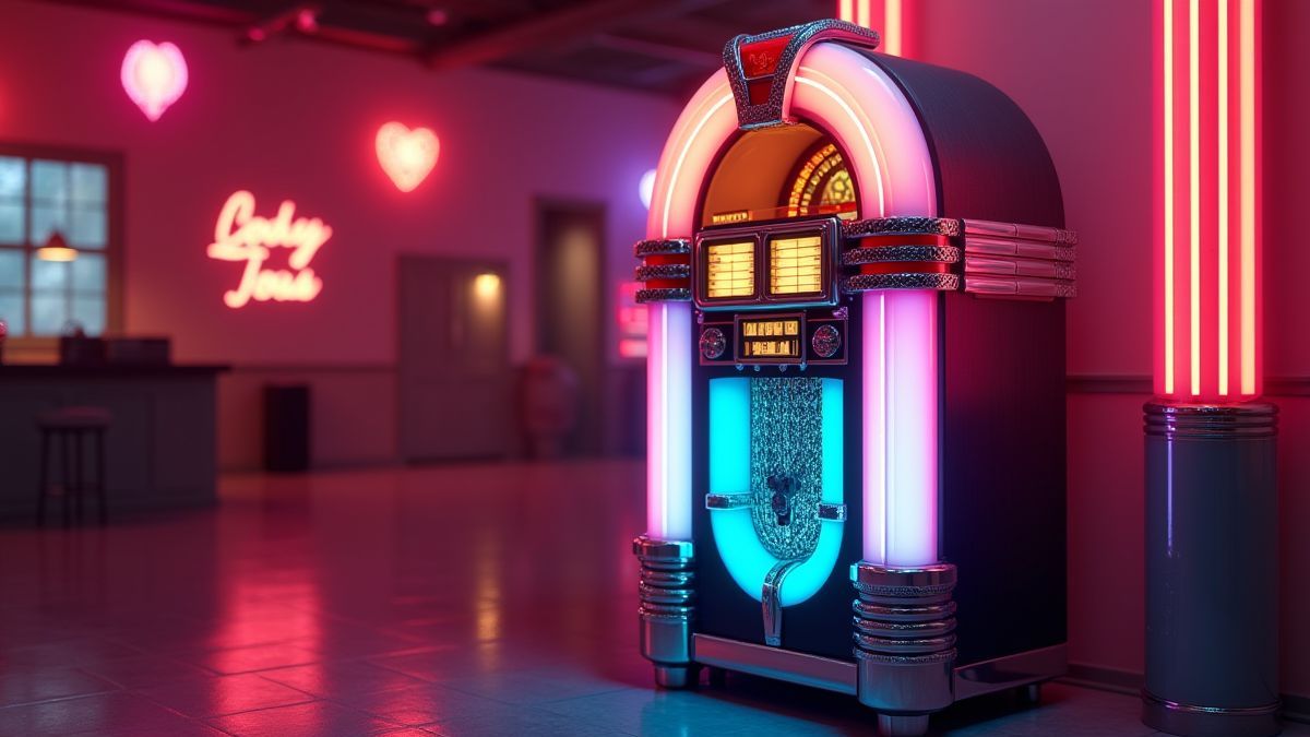 A retro jukebox surrounded by neon lights.