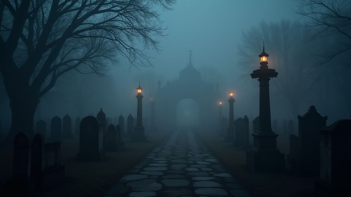 Un cementerio envuelto en niebla con linternas brillantes y sombras misteriosas.