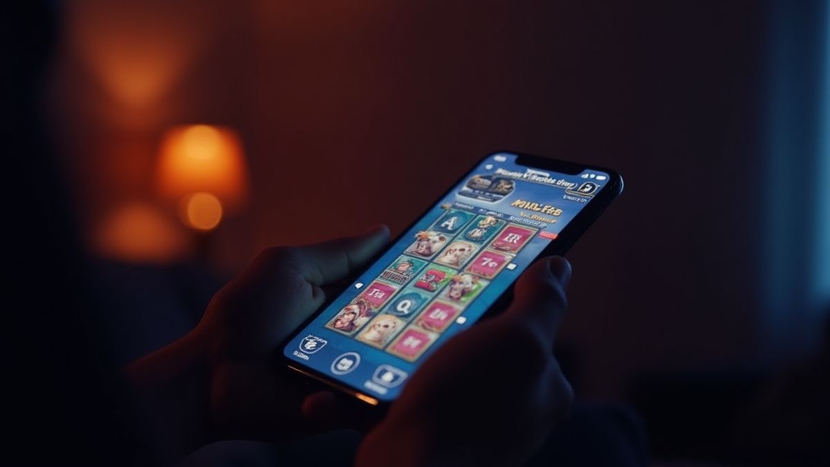 Un jugador sosteniendo un smartphone con la pantalla de una slot iluminada en una habitación oscura.