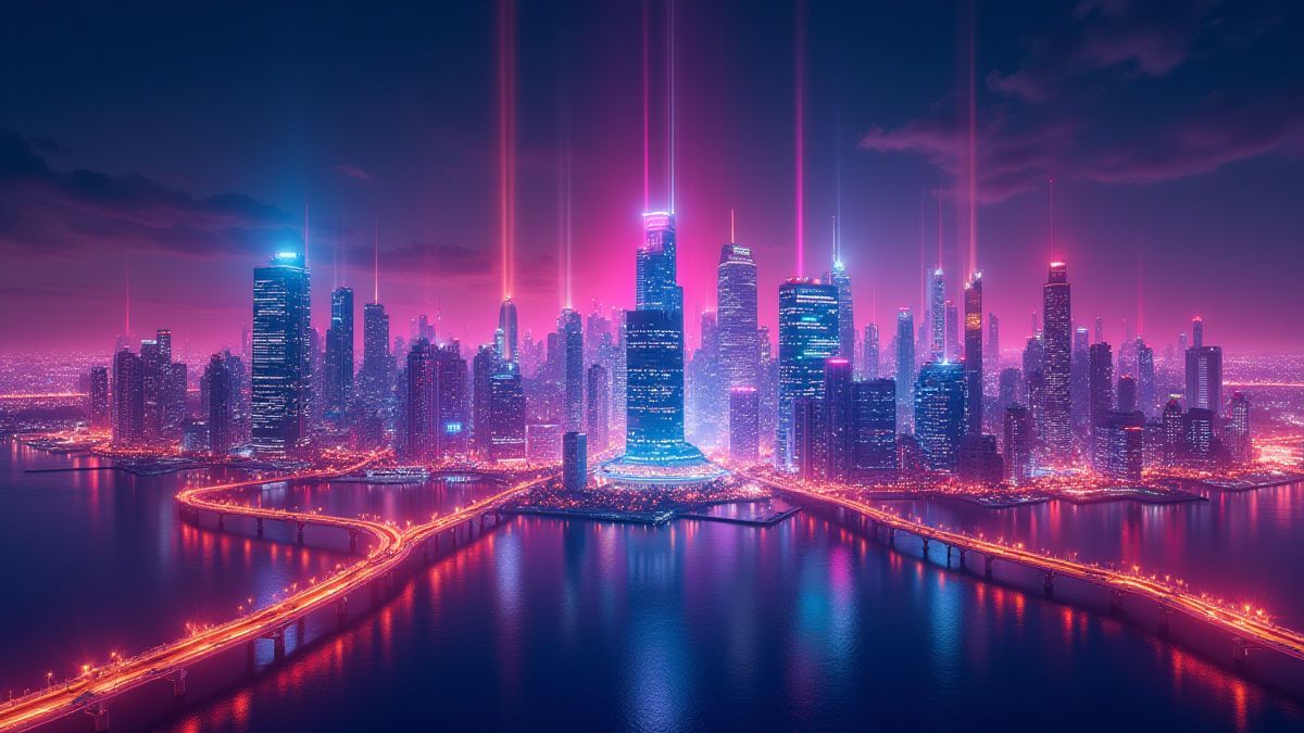 Futuristische Stadt beleuchtet mit Neonfarben