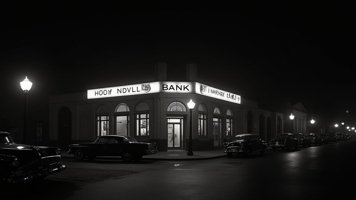 Banco exterior estilo noir com carros clássicos e farolas