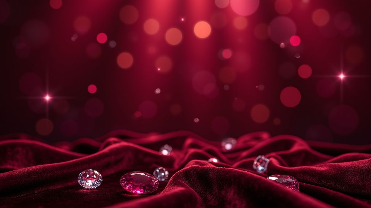 An elegant background with velvet and gems such as diamonds and rubies.