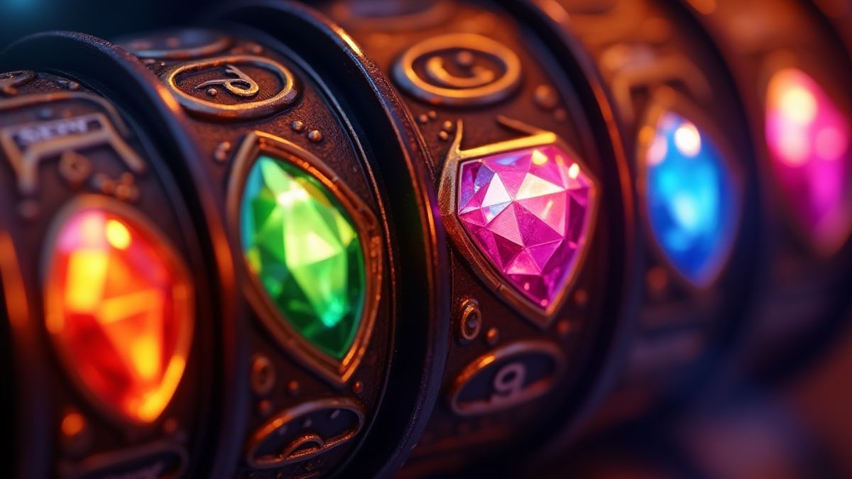 A spinning reel with jewel symbols shining brightly.