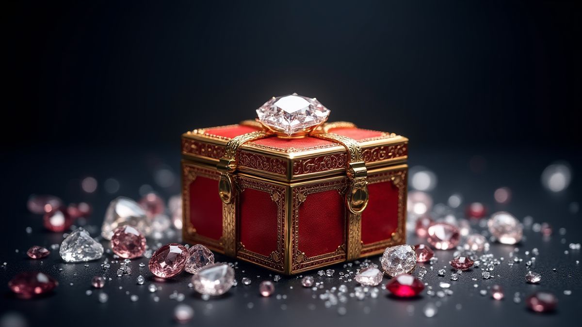 Une boîte à bijoux entourée de gemmes brillantes dans un fond élégant.