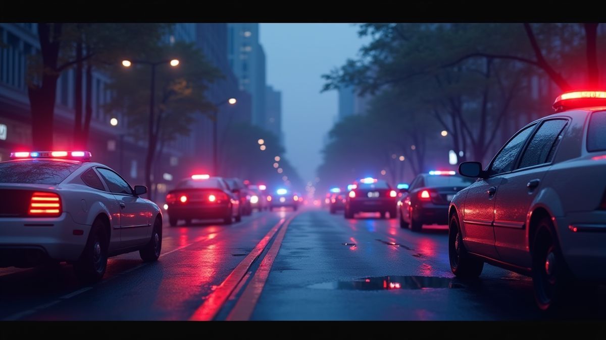 Cena urbana com luzes de sirene e ação policial.