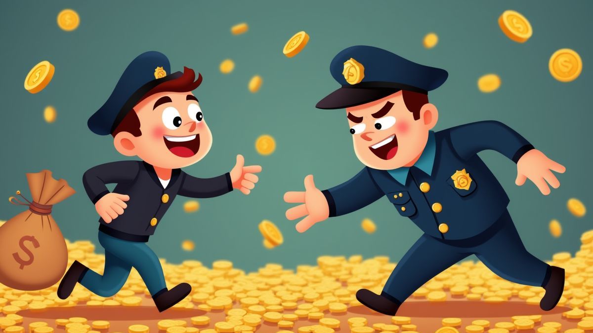 Policial capturando um ladrão com um saco de dinheiro.