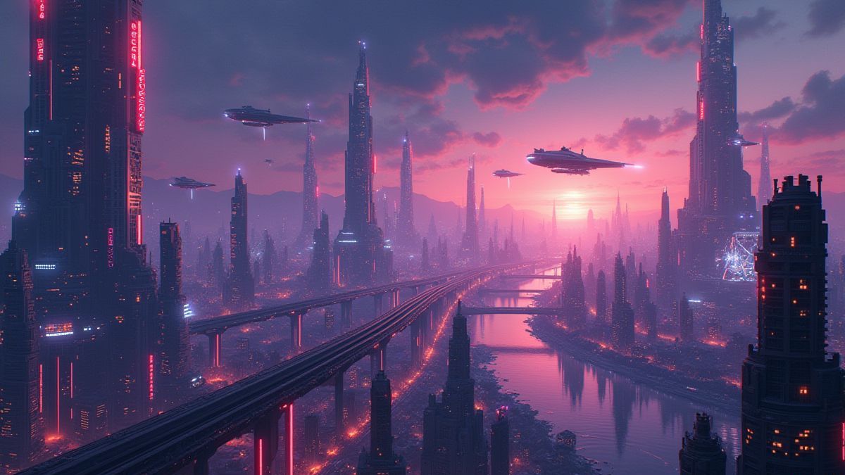 Una ciudad futurista con luces de neón y naves espaciales en el cielo.