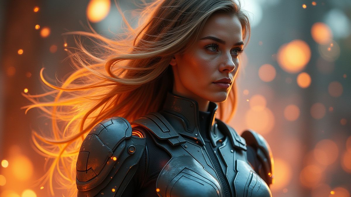 Una superheroína futurista con símbolos Wild brillando a su alrededor.