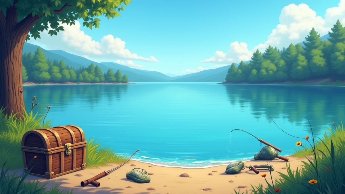 Image of a lake with fishing gear and a treasure chest.