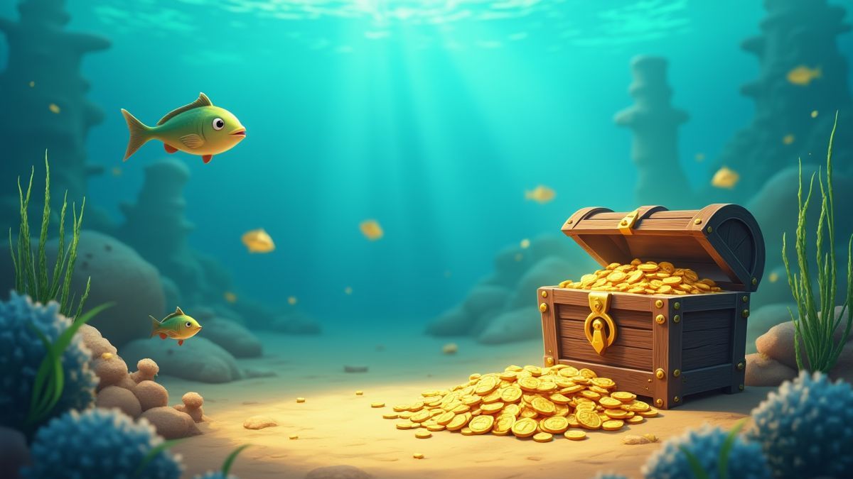 Golden coins and fish swimming near a treasure chest underwater.