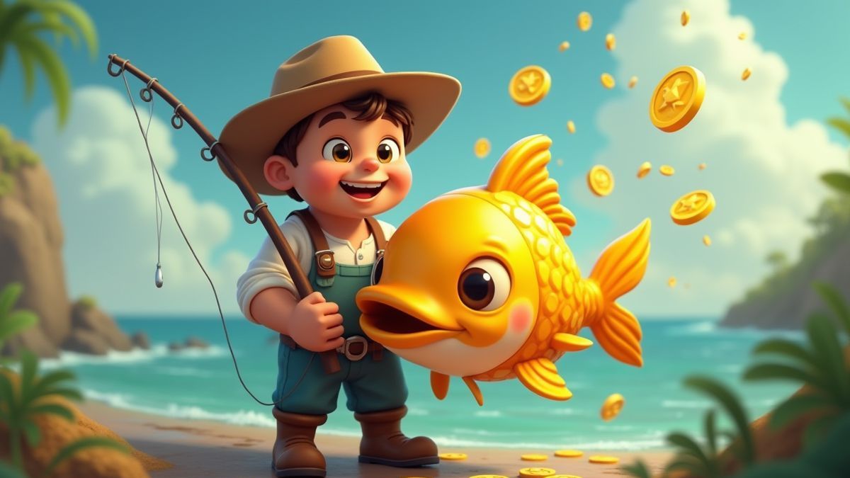 Fisherman holding a golden fish with shining coins falling.
